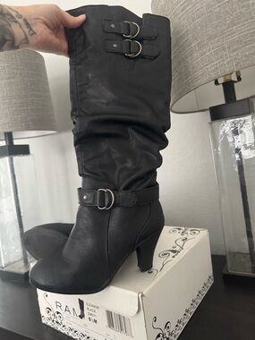 Rampage Black Mid-Calf Buckle Heeled Boots